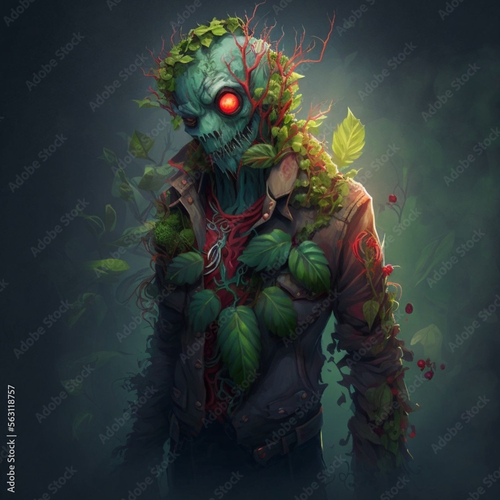 Zombie with plants and red eyes