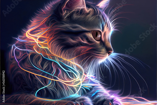 Cat with neon glowing fur against dark background made with Generative AI