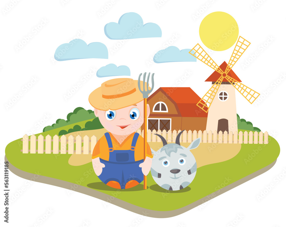 Fototapeta premium Cute cartoon farmer in overalls with a pitchfork in his hand against the background of a farm, barn and mill. Farmer and goat in simple style. Vector children's illustration.