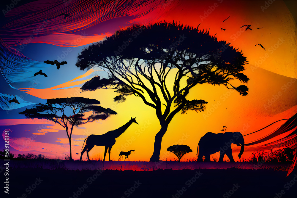 Africa savanna landscape with giraffe & elephant, African colors, generative ai