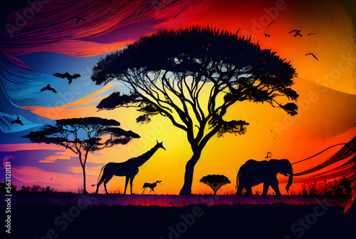 Africa savanna landscape with giraffe   elephant  African colors  generative ai