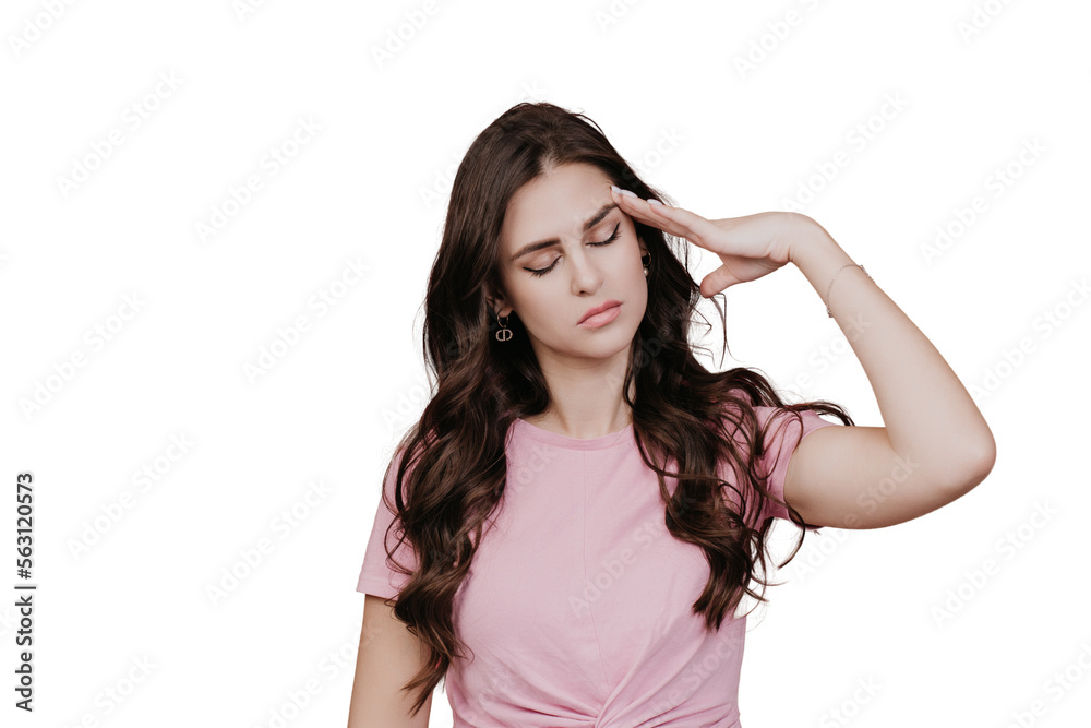 Exhausted brunette caucasian young woman in pink t-shirt touches temple feels fatigue against transparent background. Tired hispanic girl overworked, feels headache. Exhausted brunette caucasian young woman in pink t-shirt touches temple feels fatigue against transparent background. Tired hispanic girl overworked, feels headache.
