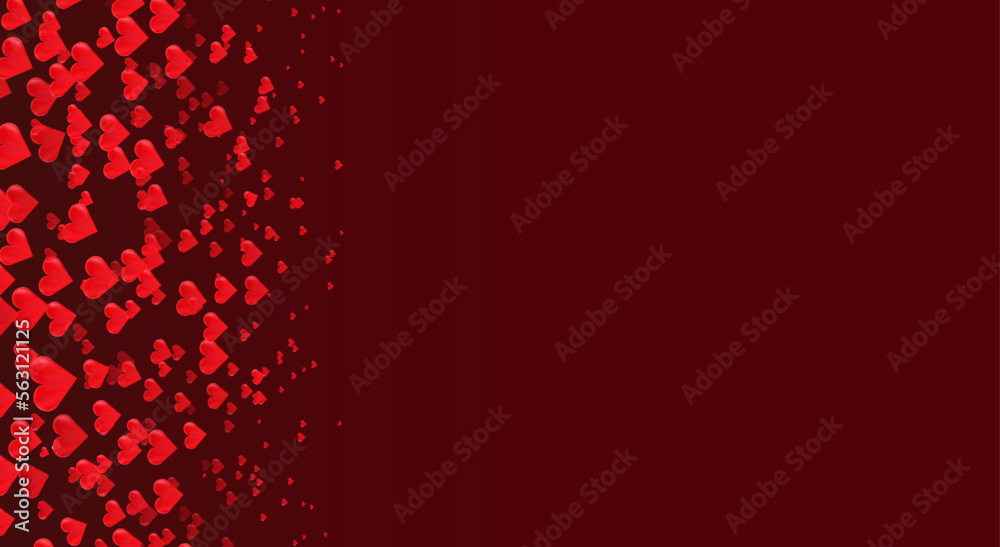 Falling red hearts with a dark red background with copy space. Romantic Valentines day background
