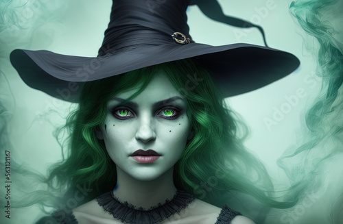Portrait of a witch with magical blue smoke. generative ai