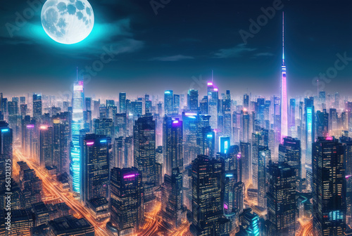 Aerial image of city futuristic city at night . generative ai