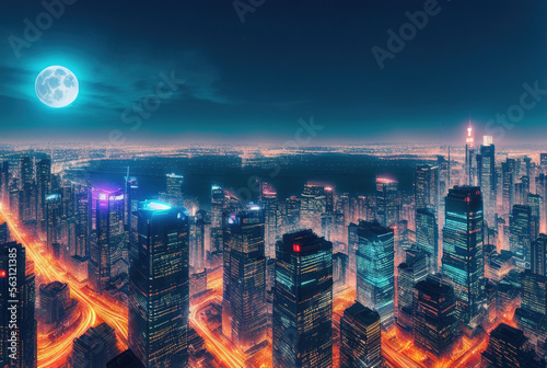 Aerial image of city futuristic city at night . generative ai