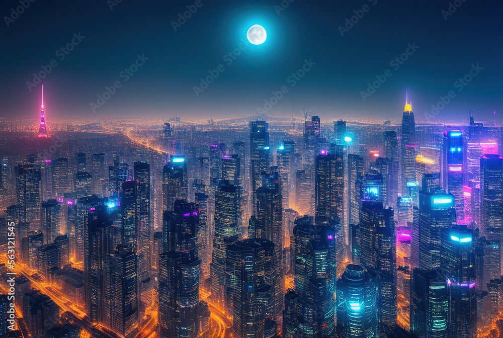 Fototapeta premium Aerial image of city futuristic city at night . generative ai
