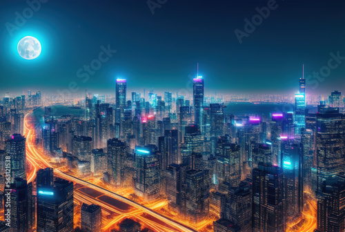 Aerial image of city futuristic city at night . generative ai