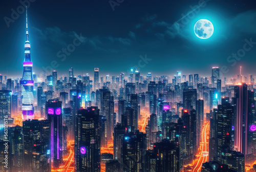 Aerial image of city futuristic city at night . generative ai