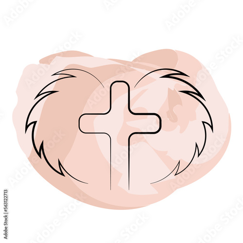Christian icon Cross and Wings in linear in watercolor