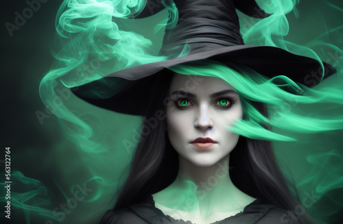 Portrait of a witch with magical blue smoke. generative ai © lndstock