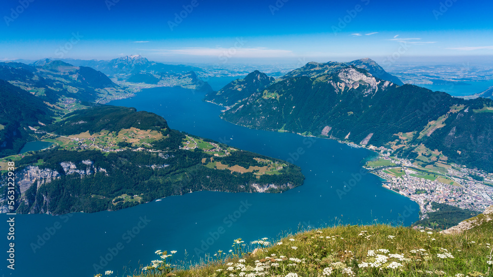 Switzerland 2022, Beautiful view of the Alps from Fronalpstock. Seelisberg and Niederbauen Chulm.