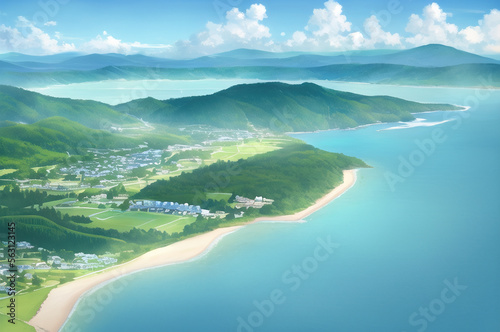 Wide low angle light blue foggy landscape with a small town on a clear blue coast. generative ai © lndstock
