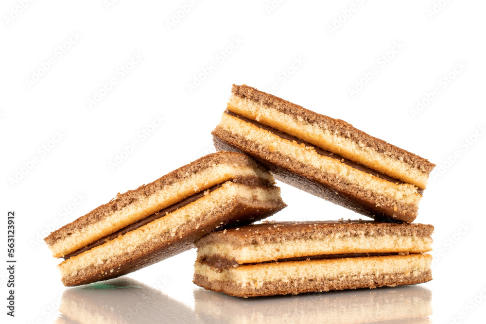 Three mini cocoa biscuit, macro, isolated on a white background. Three mini cocoa biscuit, macro, isolated on a white background.