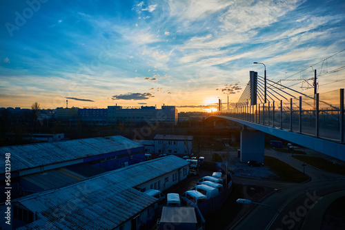 Sunset in the city  urbanized  public transport  warehouse