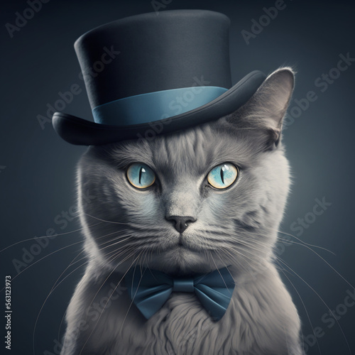Elegant gray cat with top hat and bow tie. Generative AI