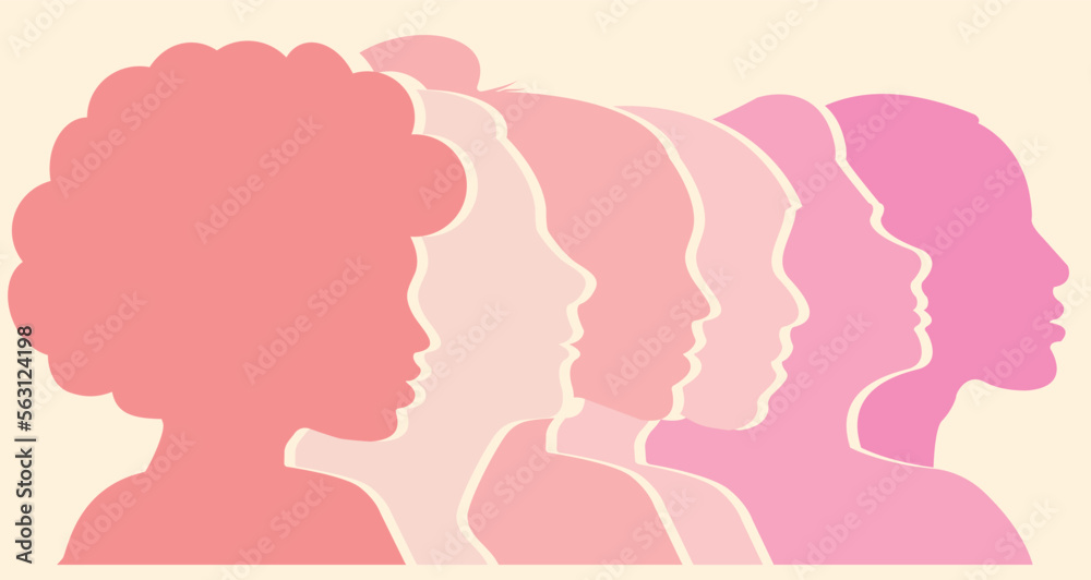profile Group of Women different races profile in different shades of pink, women's Day, diversity vector illustration	