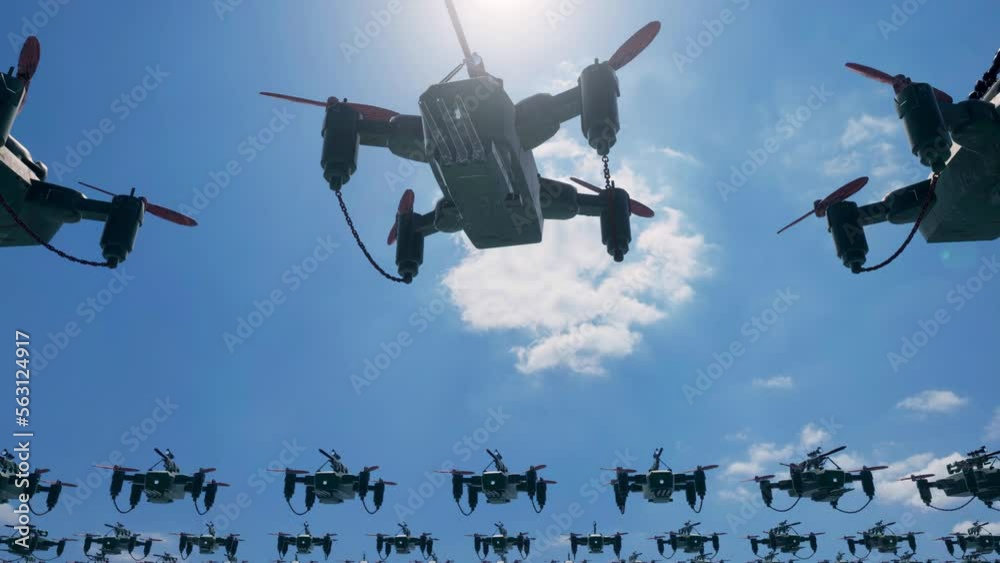 A swarm of AI military sniper drones searching for the enemy in a war zone.
