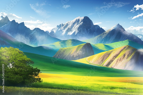 peaceful landscape, colorful nature, mountains, amazing sky, beautiful fields. generative ai. anime style illustrations