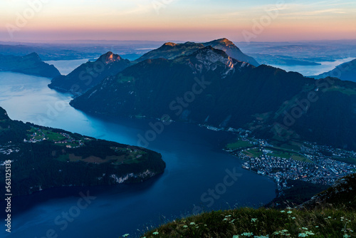 Switzerland 2022, Beautiful view of the Alps from Fronalpstock. Early morning on lake Luzern. Panorama.