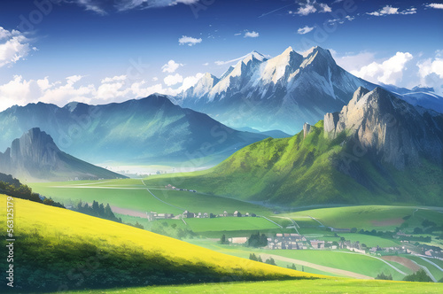 peaceful landscape  colorful nature  mountains  amazing sky  beautiful fields. generative ai. anime style illustrations
