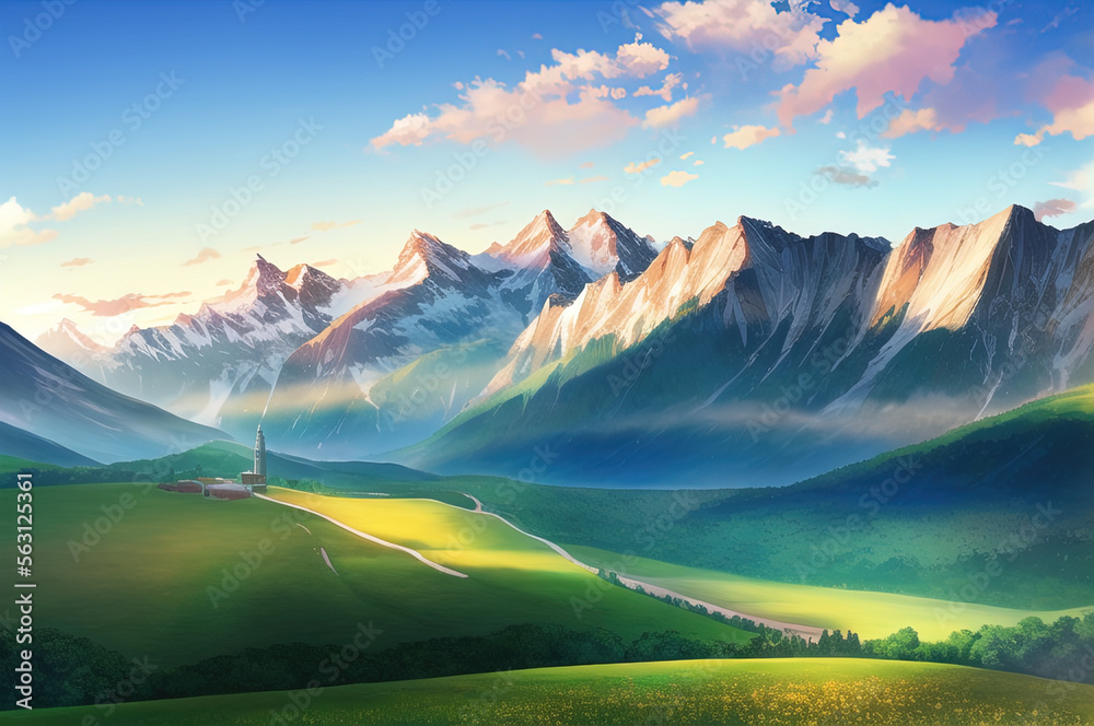 Obraz premium peaceful landscape, colorful nature, mountains, amazing sky, beautiful fields. generative ai. anime style illustrations
