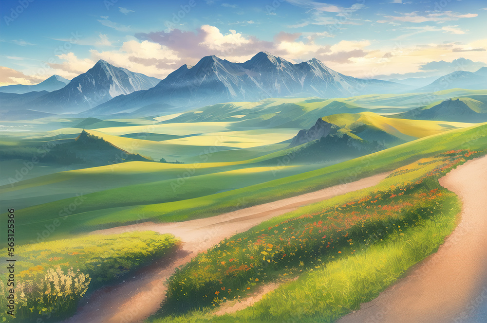 Fototapeta premium peaceful landscape, colorful nature, mountains, amazing sky, beautiful fields. generative ai. anime style illustrations