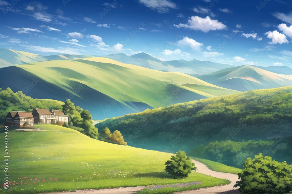 peaceful landscape, colorful nature, mountains, amazing sky, beautiful fields. generative ai. anime style illustrations