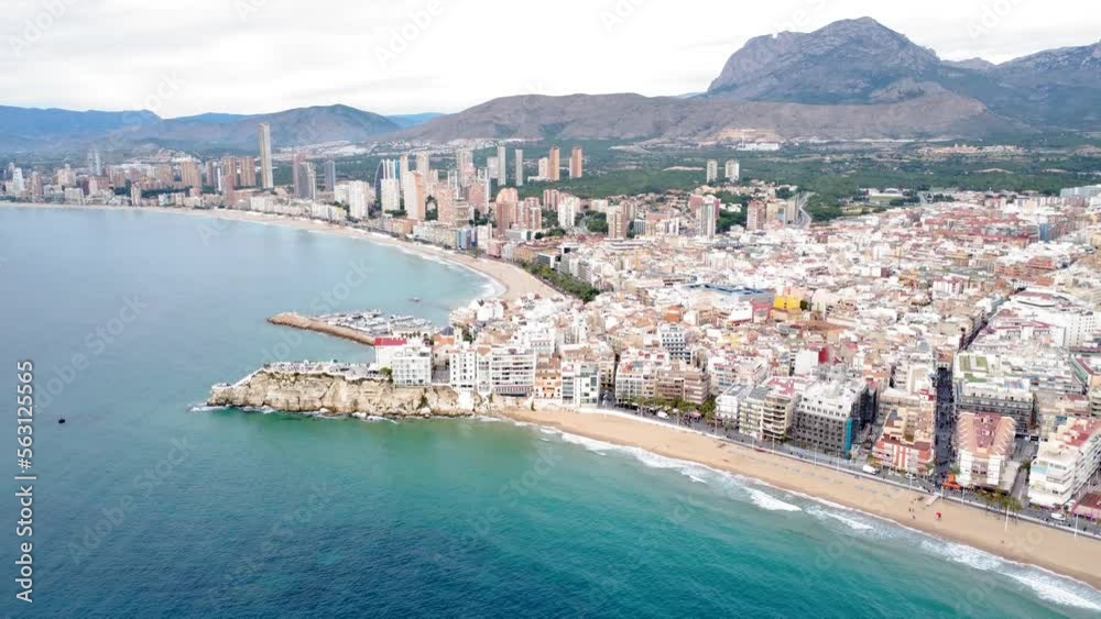 Aerial perspective of beautiful coastline of Benidorm city. View of Levante and Poinente Beach. Balcón del Mediterráneo and Marina of Benidorm. Famous travel destination in Costa Blanca - Valencia Aerial perspective of beautiful coastline of Benidorm city. View of Levante and Poinente Beach. Balcón del Mediterráneo and Marina of Benidorm. Famous travel destination in Costa Blanca - Valencia