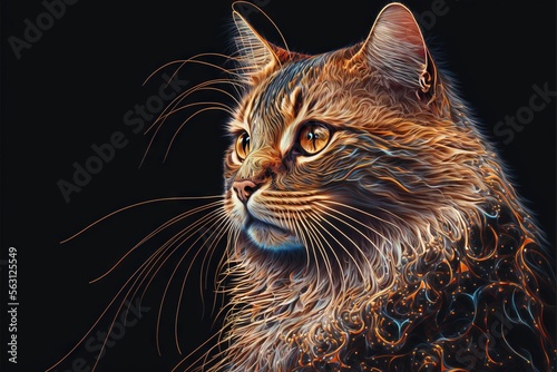  a cat with a black background and a black background with a red and yellow cat's face and a black background with a red and blue cat's head and a black background. Generative AI
