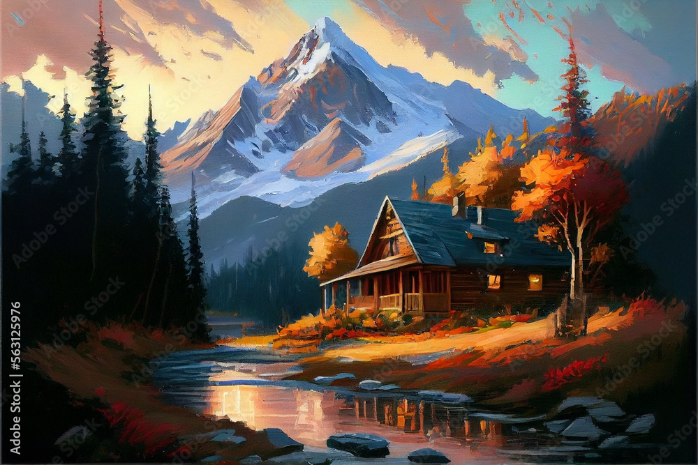 Fototapeta premium Generative Ai, art painting style, landscape with river and mountains