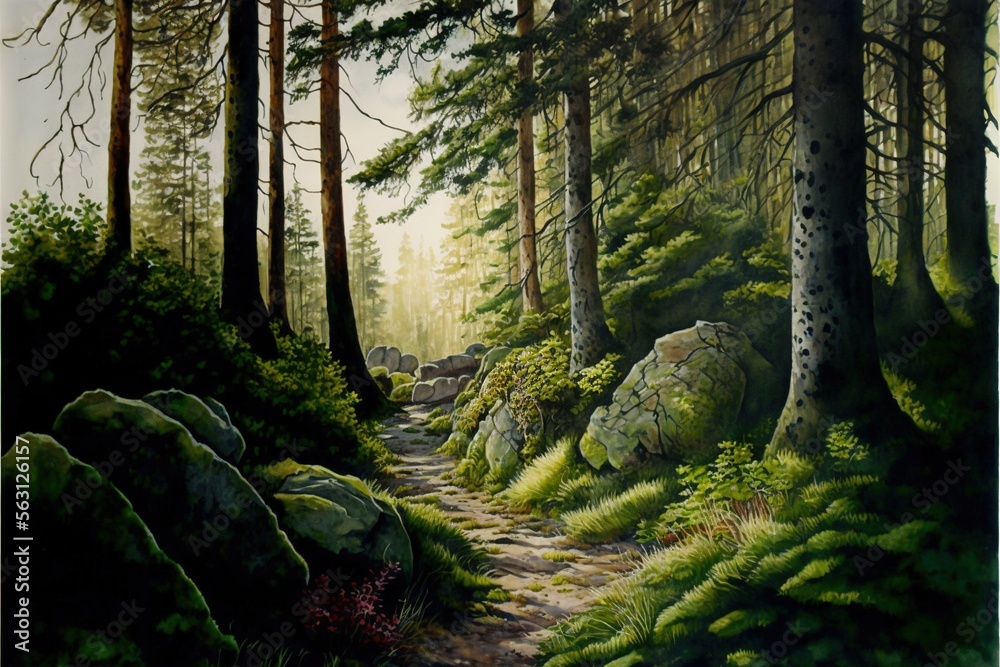 Obraz premium a painting of a path in a forest with rocks and trees on either side of it and a rock and grass area on the other side of the path, with a few trees. Generative AI