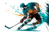 hockey player rolling on rink with puck and ice hockey stick, generative ai