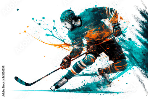 Canvas Print hockey player rolling on rink with puck and ice hockey stick, generative ai