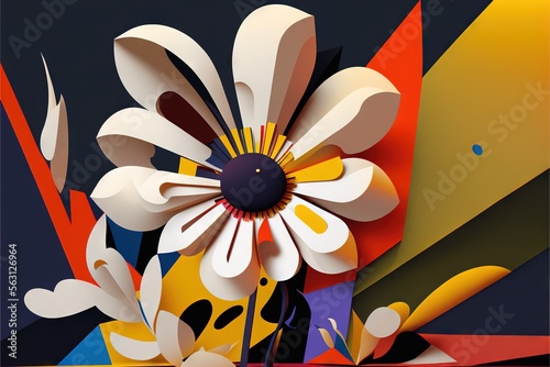 a flower with a black center surrounded by colorful shapes and shapes of flowers and leaves, and a black background with a yellow center, and blue center, and white. Generative AI
