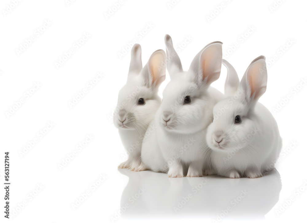 Easter Bunny Rabbits, three white cute fluffy dwarf bunnies sitting together on a white background. AI generative Easter Bunny Rabbits, three white cute fluffy dwarf bunnies sitting together on a white background. AI generative