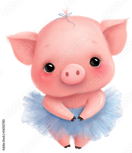 Illustration of a cute cartoon pig ballerina. Cute animals. Transparent background, png