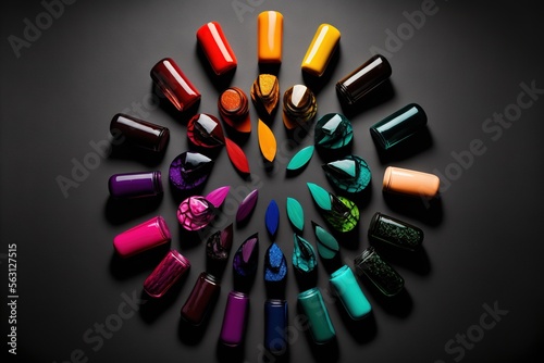  a circle of different colored nail polishes on a black surface with a black background with a black circle in the middle of the picture, there are a few different colors of them. Generative AI