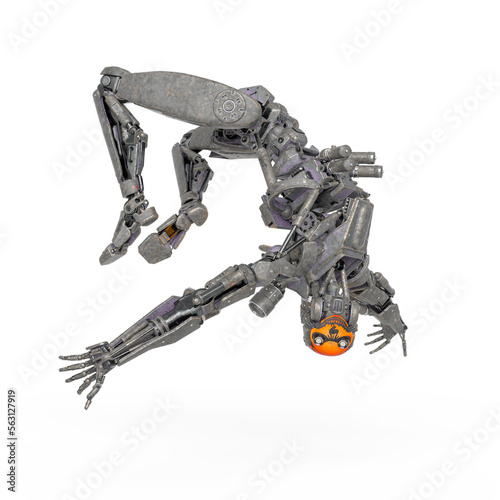 apocalipse cyborg is doing a back clean jump on white background