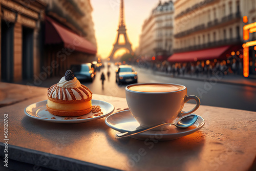 Fototapeta Naklejka Na Ścianę i Meble -  French delicious dessert and coffee on blurred background of Paris cozy street and Eiffel tower. Romantic evening view. Based on Generative AI