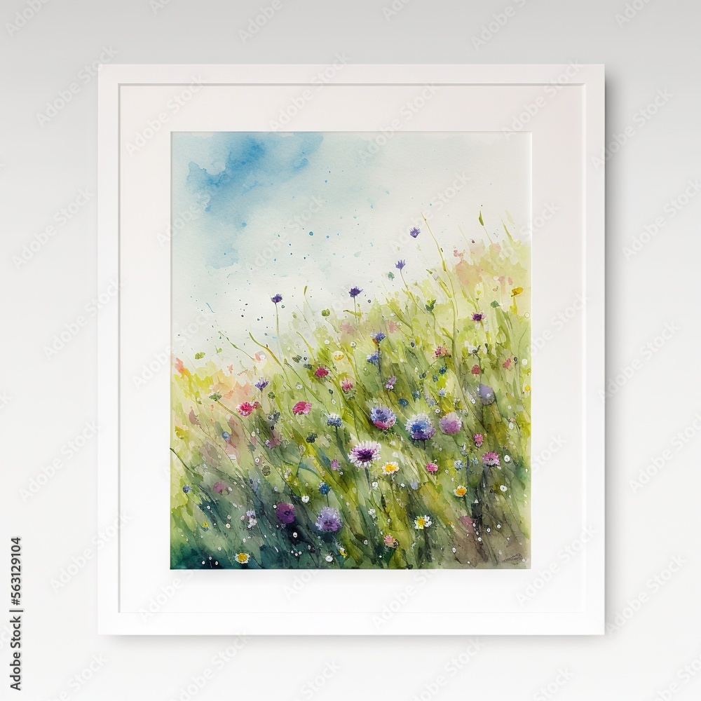 a painting of a field of flowers with a blue sky in the background and ...