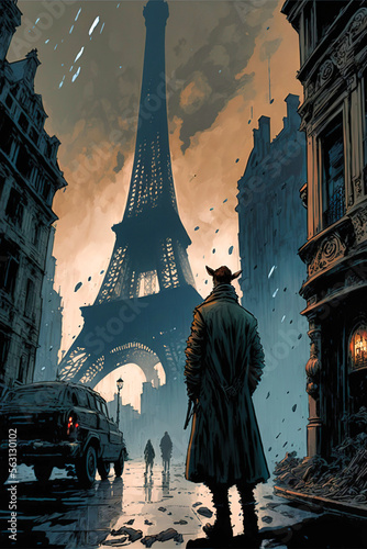 Post-apocalyptic Paris, comics drawing - Generative AI