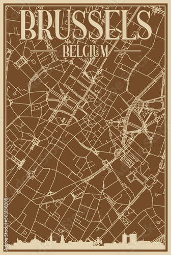 Brown hand-drawn framed poster of the downtown BRUSSELS  BELGIUM with highlighted vintage city skyline and lettering