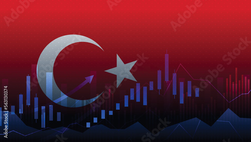 Abstract business candle stick graph, financial statistics with moving up graph and  Turkey flag in the stock market on blue color background