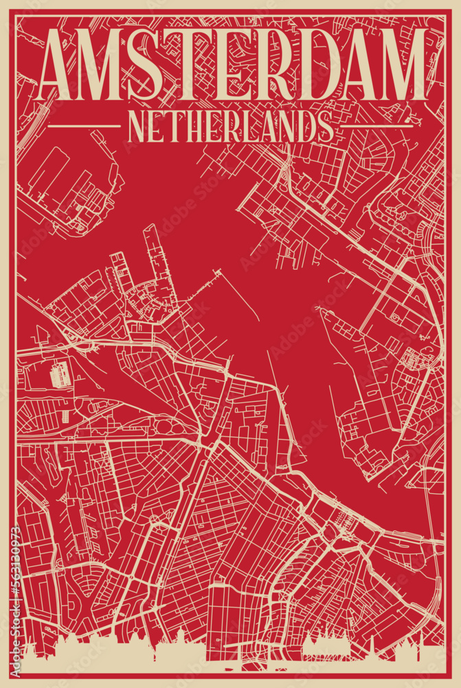 Red hand-drawn framed poster of the downtown AMSTERDAM, NETHERLANDS with highlighted vintage city skyline and lettering Red hand-drawn framed poster of the downtown AMSTERDAM, NETHERLANDS with highlighted vintage city skyline and lettering