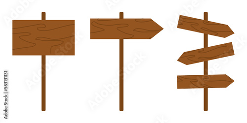 Wooden signs and pointers set. Vector cartoon wooden sign posts, signboard, banners and arrows. Collection of design elements. Simple flat illustration isolated on white background.