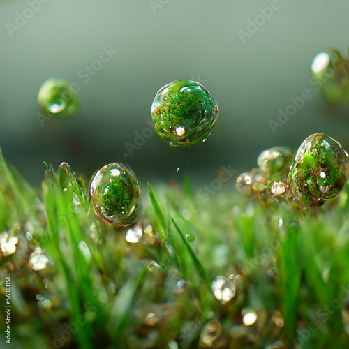Juicy lush green grass on meadow with drops of water dew in morning light in spring or summer outdoors close-up macro.