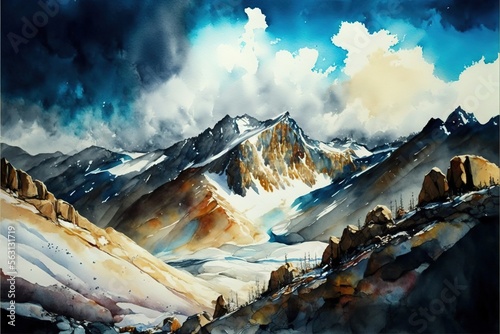  a painting of a mountain range with snow on it and clouds in the sky above it, with a few trees in the foreground and a few bushes in the foreground, and a few. Generative AI