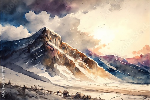  a painting of a mountain with clouds and snow on it's sides and a trail running through the snow below it, with a trail running through the snow - covered ground below the mountain. Generative AI