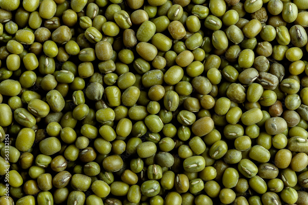Green lentil texture background. Green organic lentils pattern. Top view, close-up. Healthy food concept.